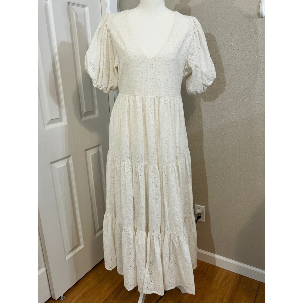 Mother Boho Cottagecore Coquette Romantic Ivory White Eyelet Midi Dress Cotton L